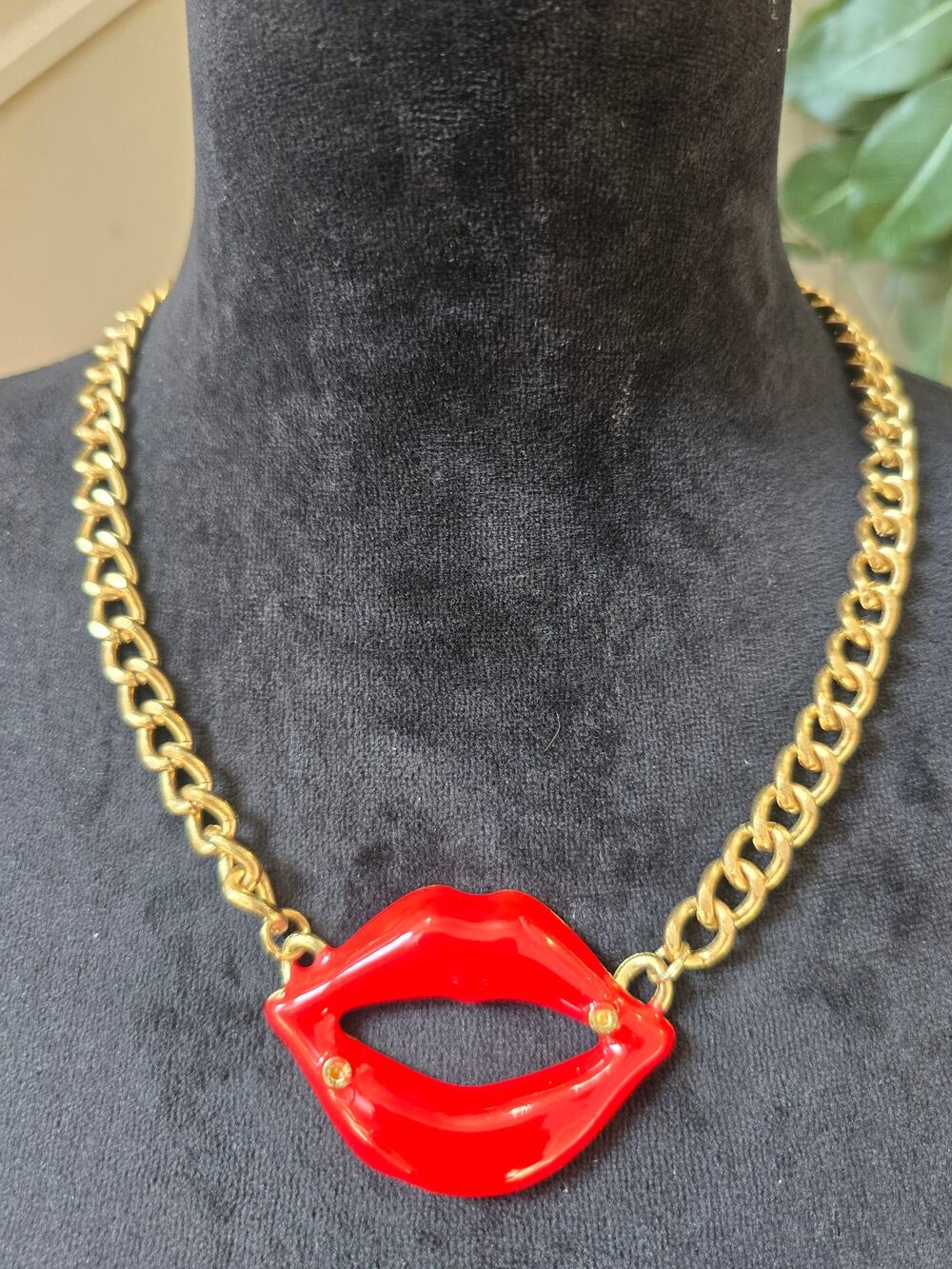 Gold Tone Chain Necklace with Red Lips Statement Pendant